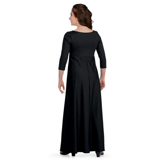 3/4 sleeve black custom concert dress floor length back view on model