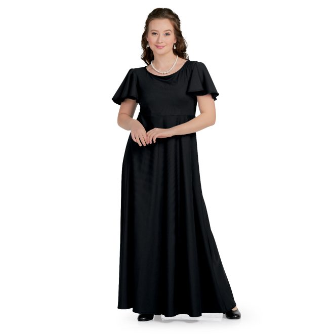 short sleeve black custom concert dress floor length front view on model