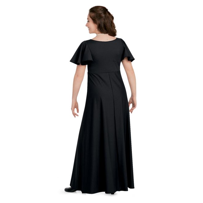 short sleeve black custom concert dress floor length back view on model