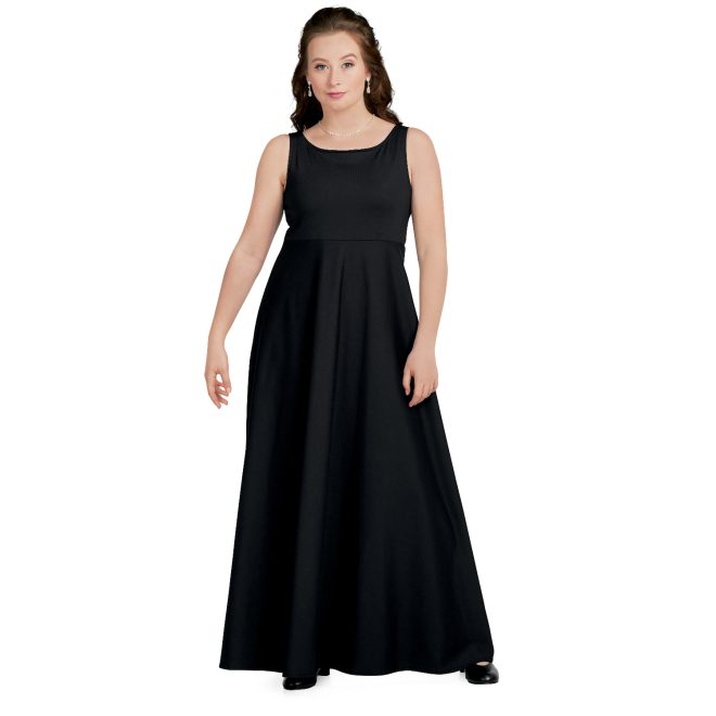 sleeveless black custom concert dress floor length front view on model