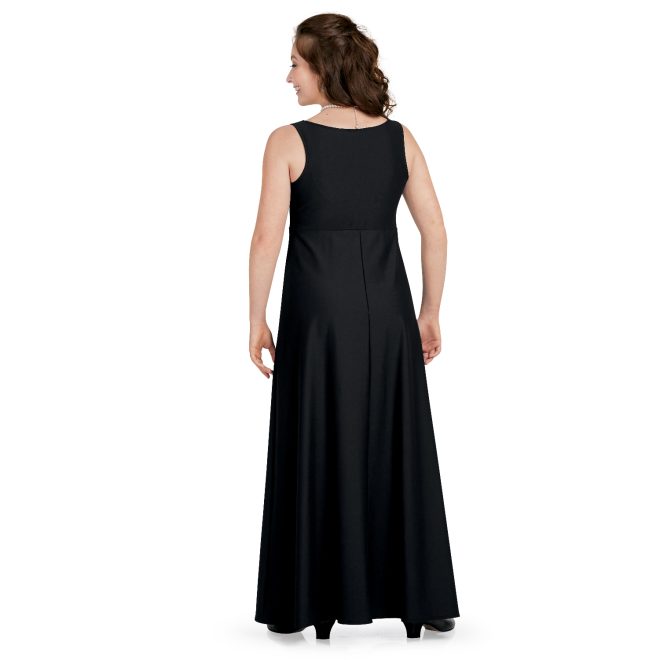 sleeveless black custom concert dress floor length back view on model