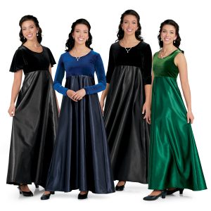 4 styles of custom concert dress. short sleeve black dress, sleeveless green dress, 3/4 sleeve black dress, long sleeve blue dress front view on models floor length