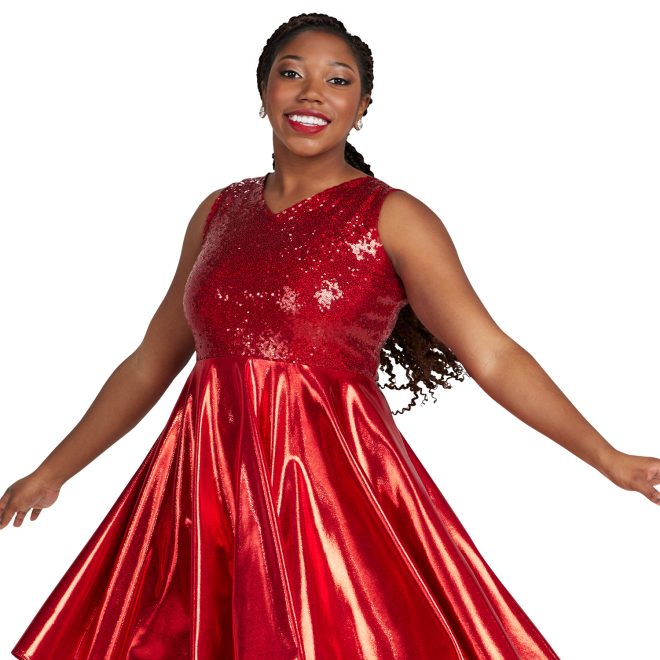 red sparkly sleeveless Wide V-neck, Above the Knee Length, Full-circle Dress, Standard Waist Style custom show choir dress front view on model