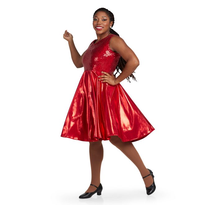 red sparkly sleeveless Wide V-neck, Above the Knee Length, Full-circle Dress, Standard Waist Style custom show choir dress side view on model