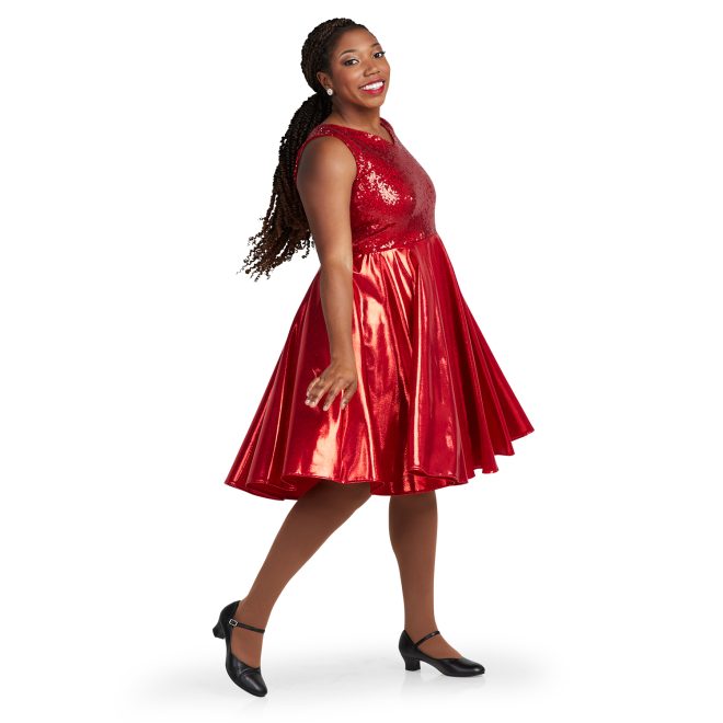 red sparkly sleeveless Wide V-neck, Above the Knee Length, Full-circle Dress, Standard Waist Style custom show choir dress side view on model