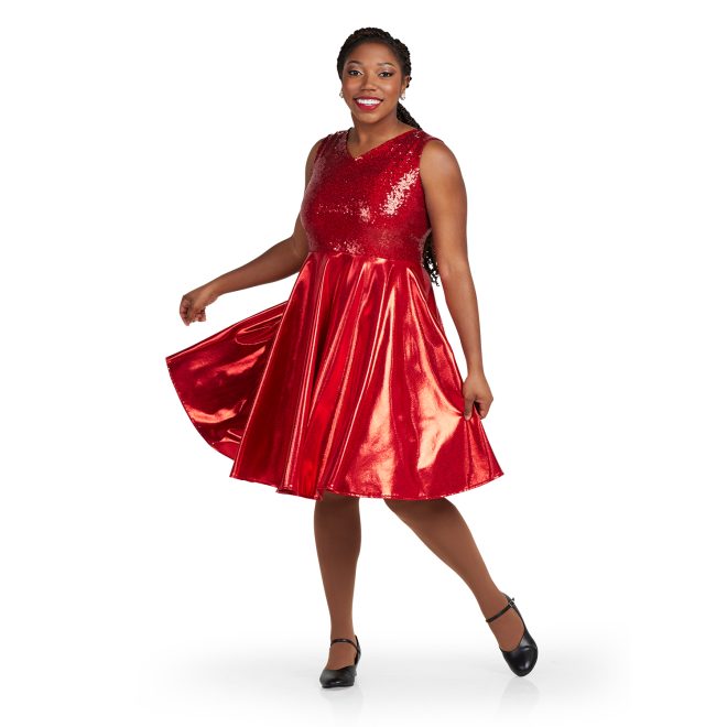 red sparkly sleeveless Wide V-neck, Above the Knee Length, Full-circle Dress, Standard Waist Style custom show choir dress front view on model