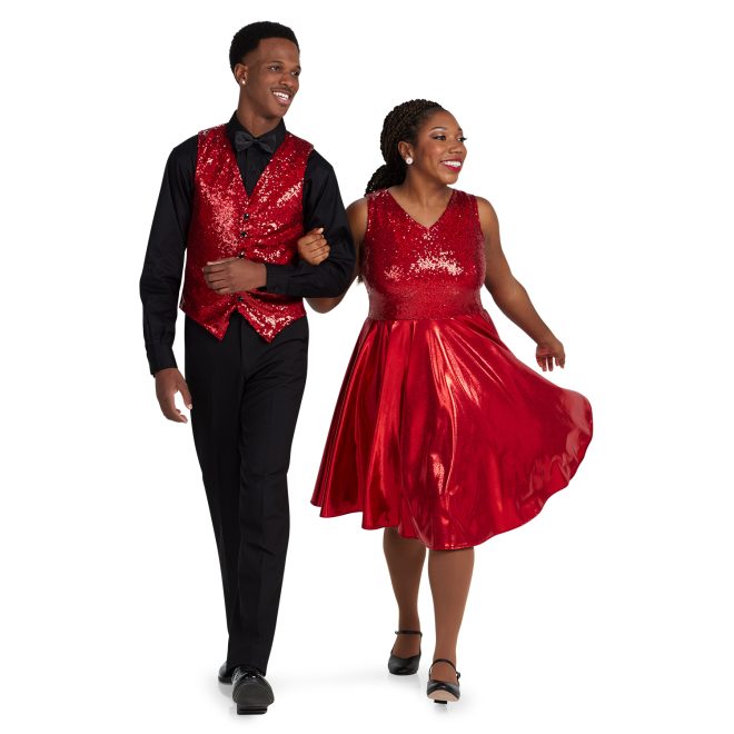 red sparkly sleeveless Wide V-neck, Above the Knee Length, Full-circle Dress, Standard Waist Style custom show choir dress front view on model with matching red sparkly men's vest with black dress pants and shirt on model