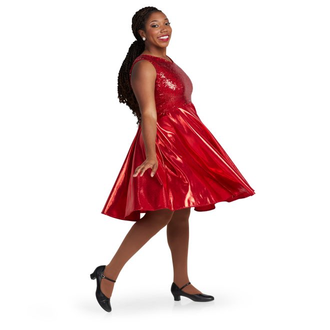 red sparkly sleeveless Wide V-neck, Above the Knee Length, Full-circle Dress, Standard Waist Style custom show choir dress side view on model