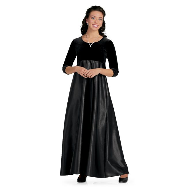 3/4 sleeve black custom concert dress floor length front view on model