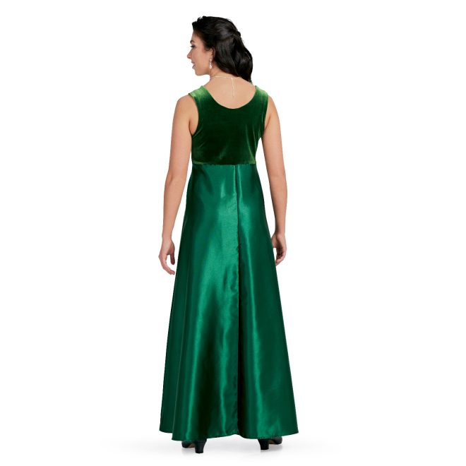 sleeveless green custom concert dress floor length back view on model