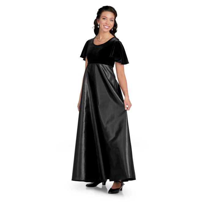 short sleeve black custom concert dress floor length front view on model