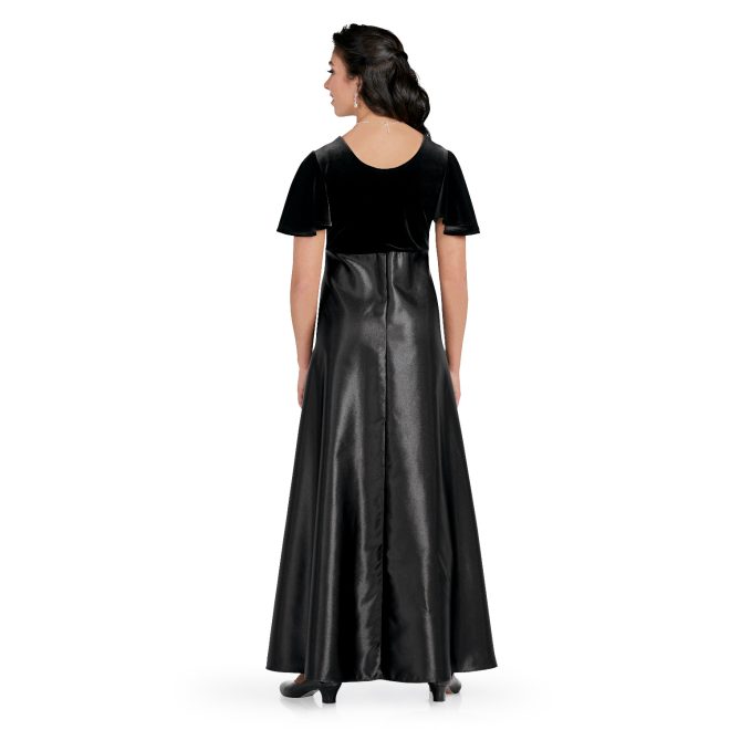 short sleeve black custom concert dress floor length back view on model