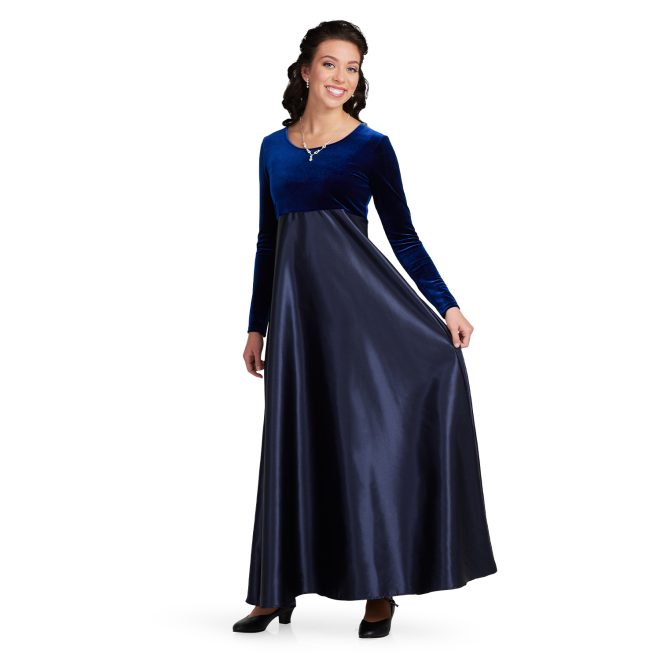 long sleeve blue custom concert dress floor length front view on model