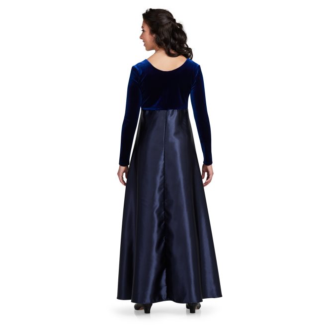 long sleeve blue custom concert dress floor length back view on model