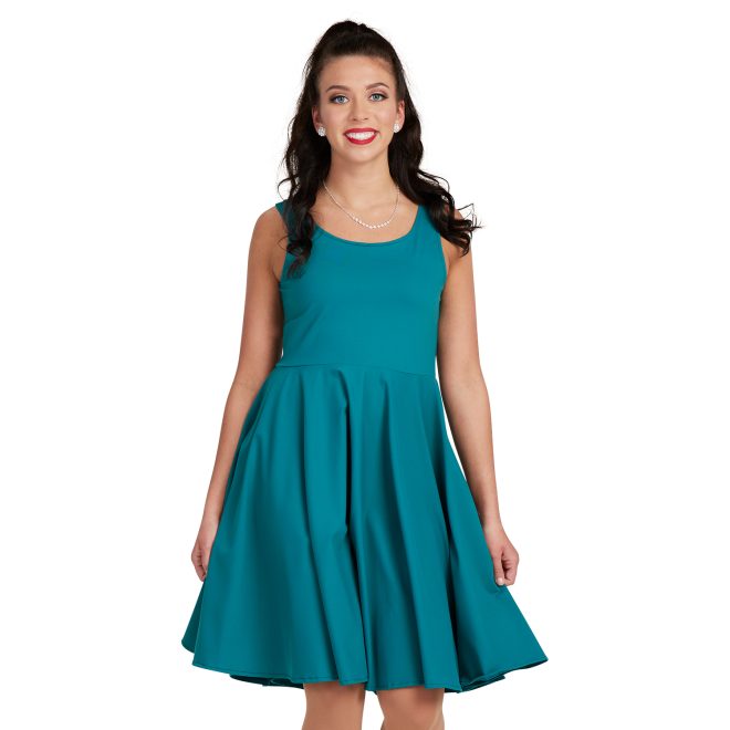 spruce sleeveless Wide Scoop Neck, Above the Knee Length, Full-circle Dress, Standard Waist Style custom show choir dress front view on model