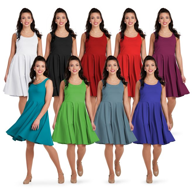 9 color options for sleeveless Wide Scoop Neck, Above the Knee Length, Full-circle Dress, Standard Waist Style custom show choir dress front view on model. shown in spruce, white, black, brick, candy apple, mulberry, fresh, mist, and blue