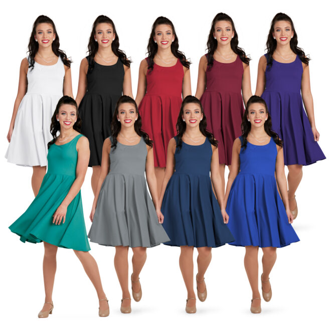 9 color options for sleeveless Wide Scoop Neck, Above the Knee Length, Full-circle Dress, Standard Waist Style custom show choir dress front view on model. shown in White, Black, Red, Scarlet, Purple, Green, Grey, Navy, Royal