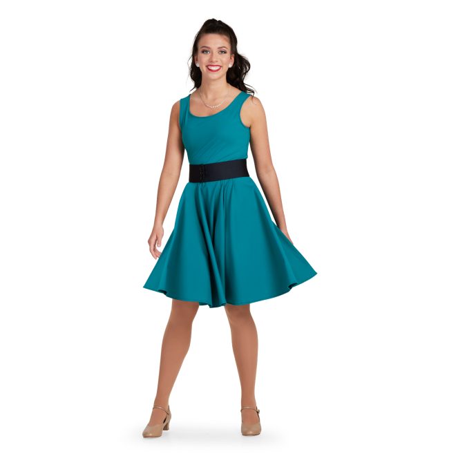 spruce sleeveless Wide Scoop Neck, Above the Knee Length, Full-circle Dress, Standard Waist Style custom show choir dress with black cummerbund front view on model