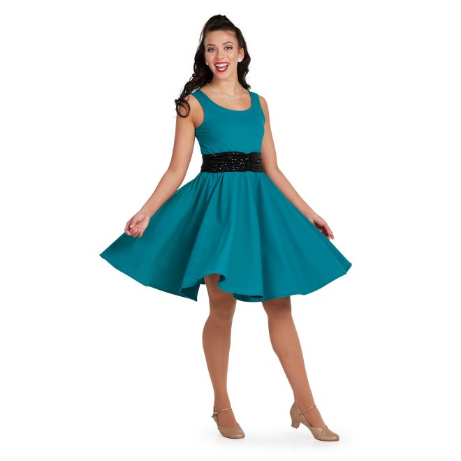 spruce sleeveless Wide Scoop Neck, Above the Knee Length, Full-circle Dress, Standard Waist Style custom show choir dress with sparkly black cummerbund front view on model