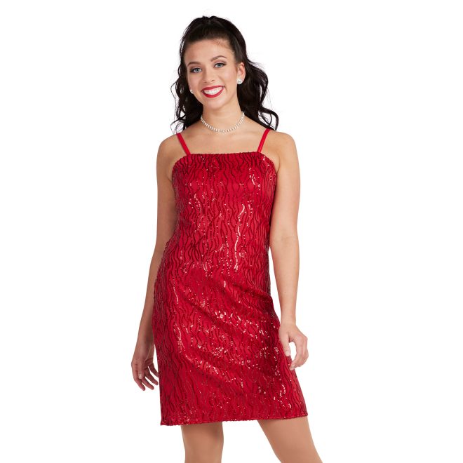 red sparkle Spaghetti Strap, Above the Knee Length, Pencil Dress, Straight Waist Style custom show choir dress front view on model