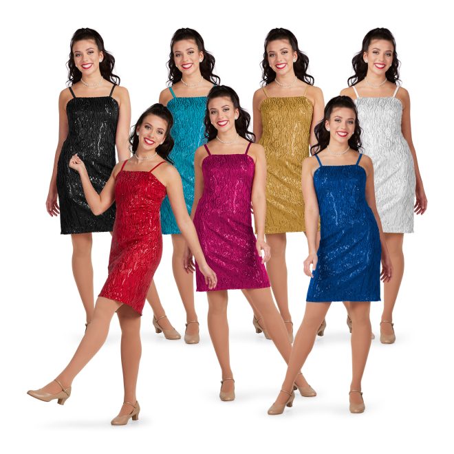 7 color options sparkle Spaghetti Strap, Above the Knee Length, Pencil Dress, Straight Waist Style custom show choir dress front view on model. shown in red, black, turquoise, gold, silver, fuchsia, and royal