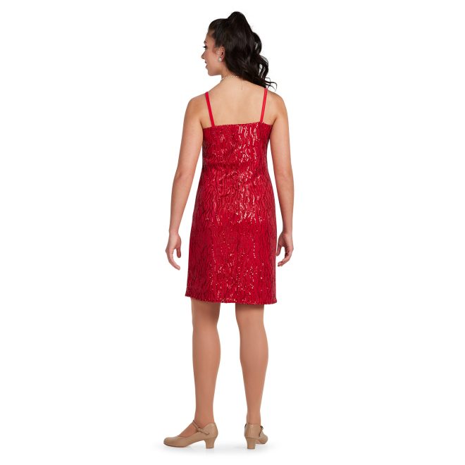 red sparkle Spaghetti Strap, Above the Knee Length, Pencil Dress, Straight Waist Style custom show choir dress back view on model