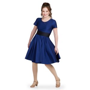 navy satin spandex Short Sleeve, Tank Neckline, Above the Knee Length, Full-circle Dress, Standard Waist Style custom show choir dress front view on model with black belt