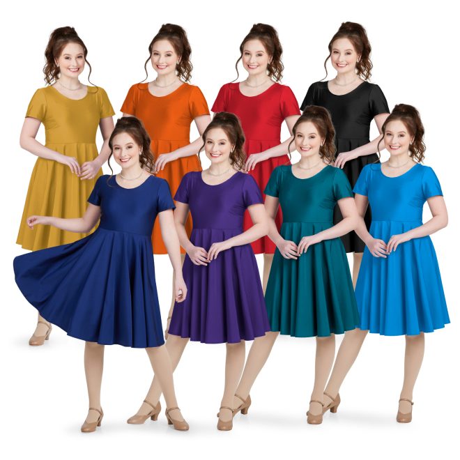 8 color options for satin spandex Short Sleeve, Tank Neckline, Above the Knee Length, Full-circle Dress, Standard Waist Style custom show choir dress front view on model. shown in navy, gold, paprika, crimson, black, purple, mallard, and sapphire