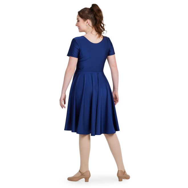 navy satin spandex Short Sleeve, Tank Neckline, Above the Knee Length, Full-circle Dress, Standard Waist Style custom show choir dress back view on model