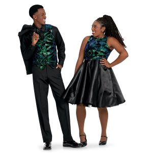 men and womens custom matching sleeveless show choir dress and vest. top of dress and vest both green, blue, and black sparkly geometric pattern dress with flowy black skirt vest over black dress shirt with black dress pants on models front view
