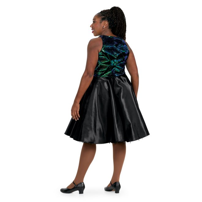 sleeveless custom show choir dress with black, green and blue sparkly top and flowy black skirt back view shown on model