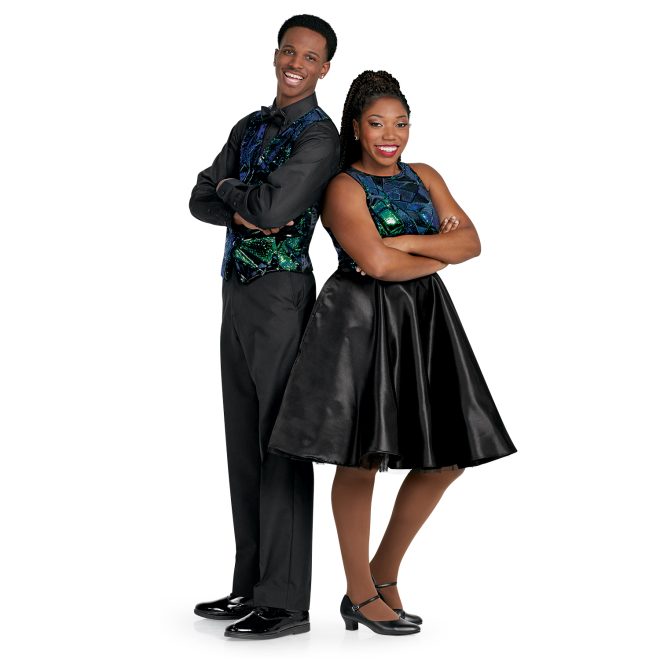 men and womens custom matching sleeveless show choir dress and vest. top of dress and vest both green, blue, and black sparkly geometric pattern dress with flowy black skirt vest over black dress shirt with black dress pants on models front view