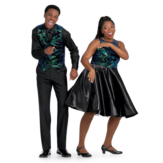 men and womens custom matching sleeveless show choir dress and vest. top of dress and vest both green, blue, and black sparkly geometric pattern dress with flowy black skirt vest over black dress shirt with black dress pants on models front view