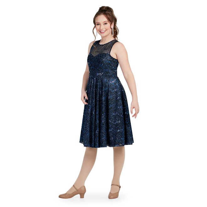 sleeveless navy sparkly knee length flowy skirt custom show choir dress front view on model