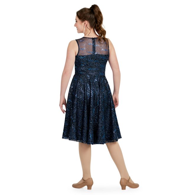 sleeveless navy sparkly knee flowy skirt length custom show choir dress back view on model