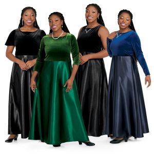 4 styles of custom concert dress. short sleeve black dress, 3/4 sleeve green dress, sleeveless black dress, long sleeve blue dress front view on models floor length