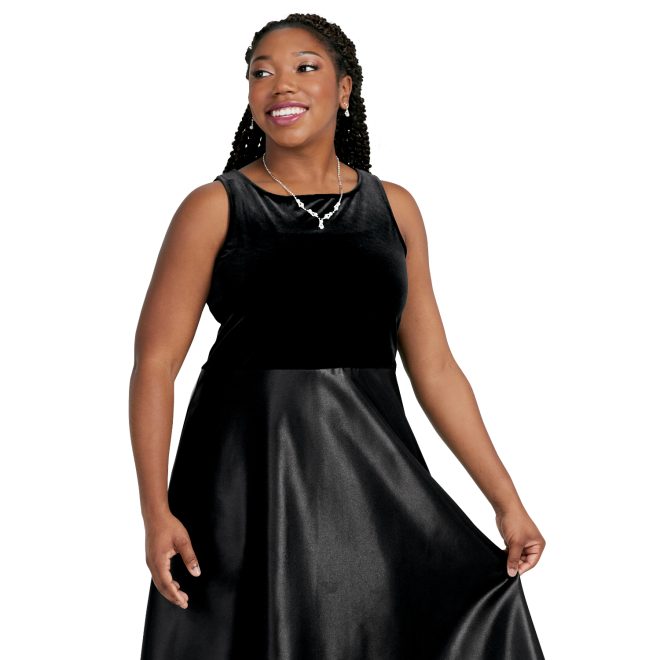 sleeveless black custom concert dress floor length front view on model