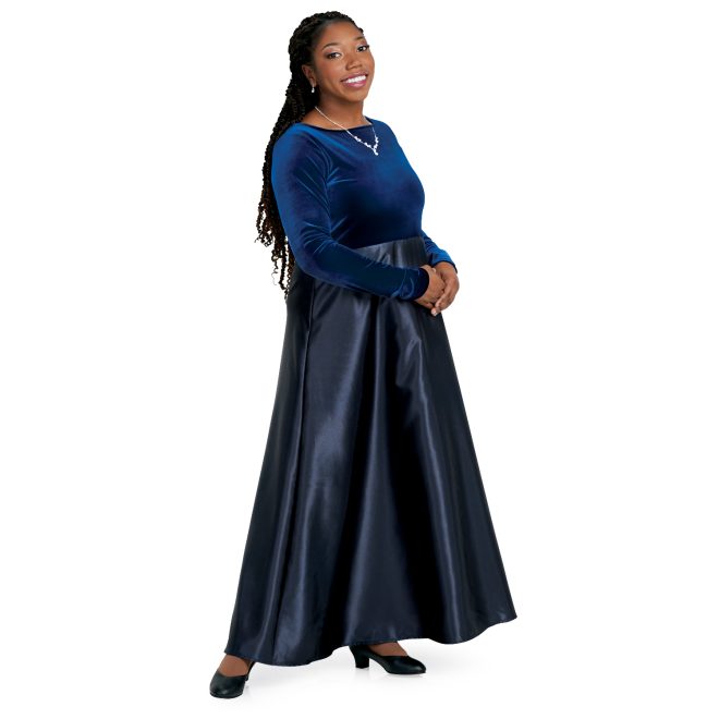 long sleeve blue custom concert dress floor length front view on model