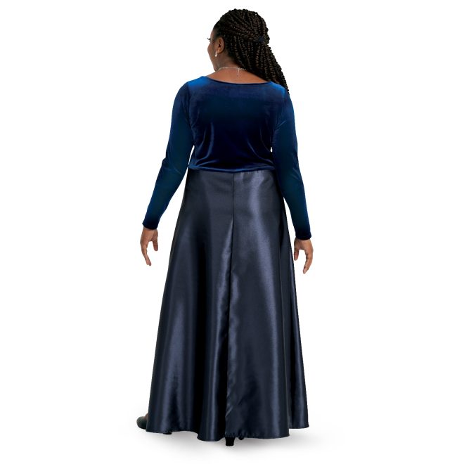 long sleeve blue custom concert dress floor length back view on model