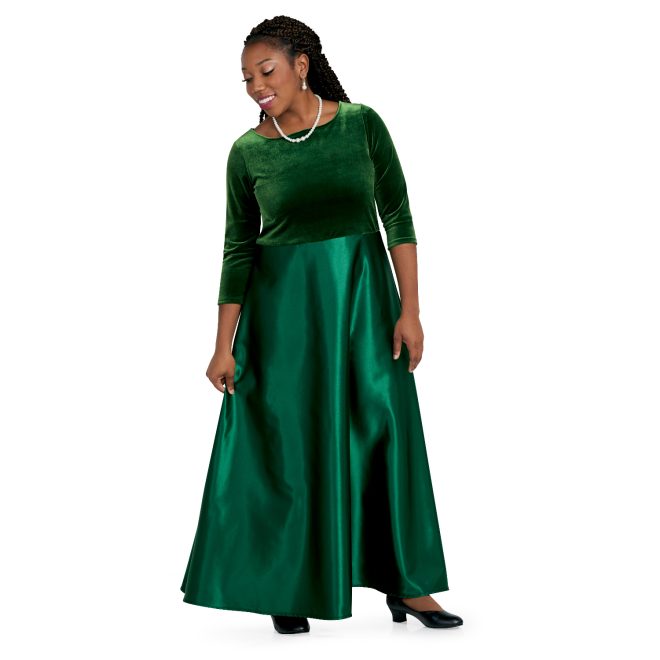 3/4 sleeve green custom concert dress floor length front view on model