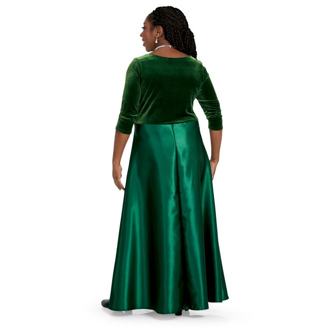 3/4 sleeve green custom concert dress floor length back view on model