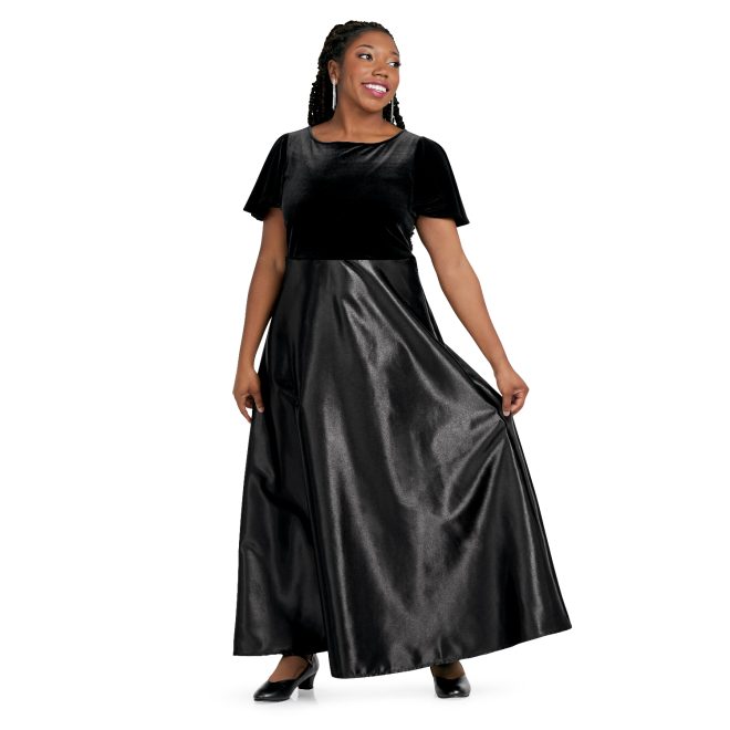 black custom concert dress floor length with short sleeves front view on model