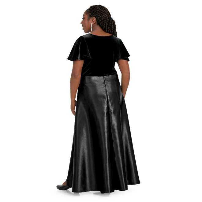 black custom concert dress floor length with short sleeves back view on model