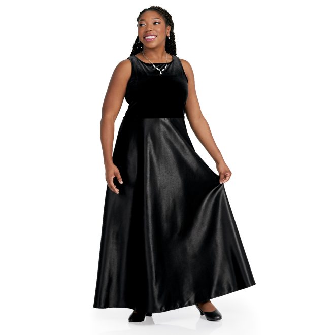 black sleeveless custom concert dress floor length front view on model