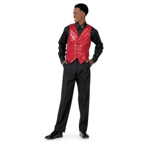 red sparkly custom show choir vest front view on model shown with black dress pants and shirt