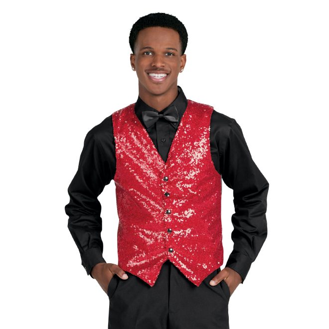 red sparkly custom show choir vest front view on model shown with black dress pants and shirt