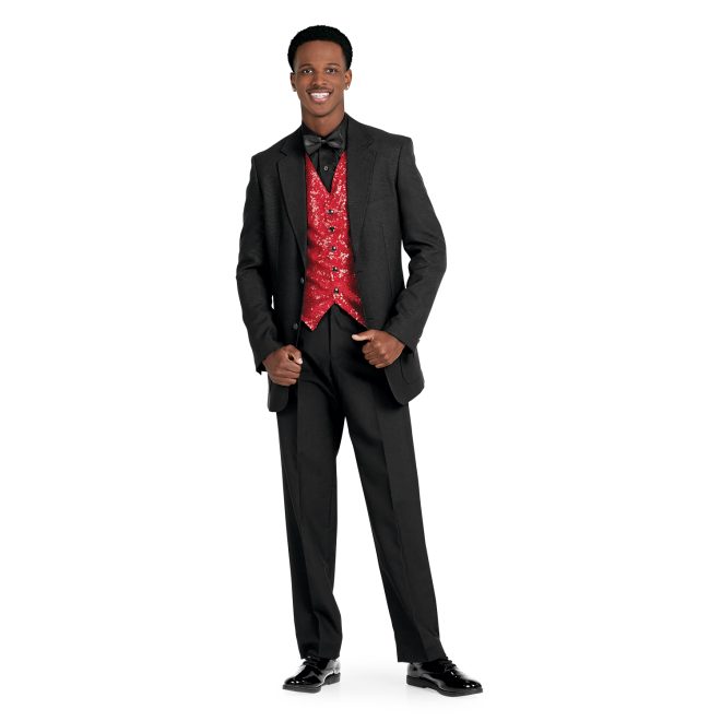 red sparkly custom show choir vest front view on model shown with black dress pants and shirt with black jacket overtop