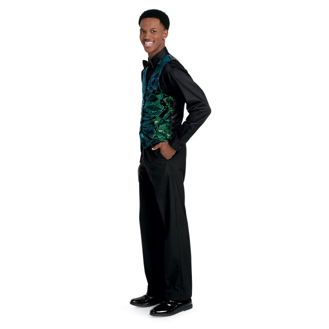 forest and iris sparkly custom show choir vest side view shown on model with black dress shirt and pants