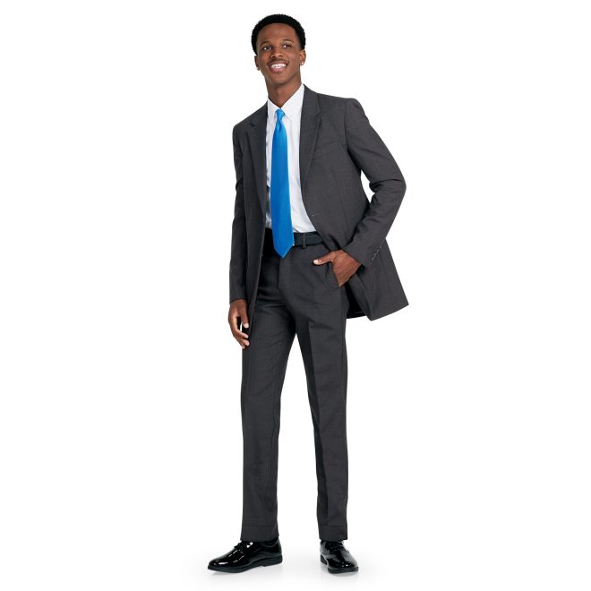 charcoal men plain front poly wool pant front view paired with charcoal jacket, white button up, and turquoise tie