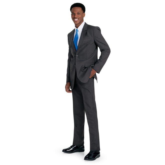 charcoal men plain front poly wool pant front view paired with charcoal jacket, white button up, and turquoise tie